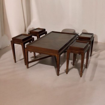 طقم طاولات 5قطع سطح قشرة الجوز الطبيعي قاعده خشب