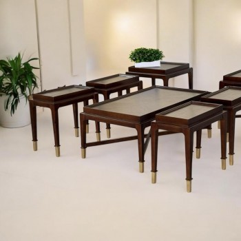 طقم طاولات تقديم  7قطع سطح قشرة الجوز الطبيعي قاعده خشب