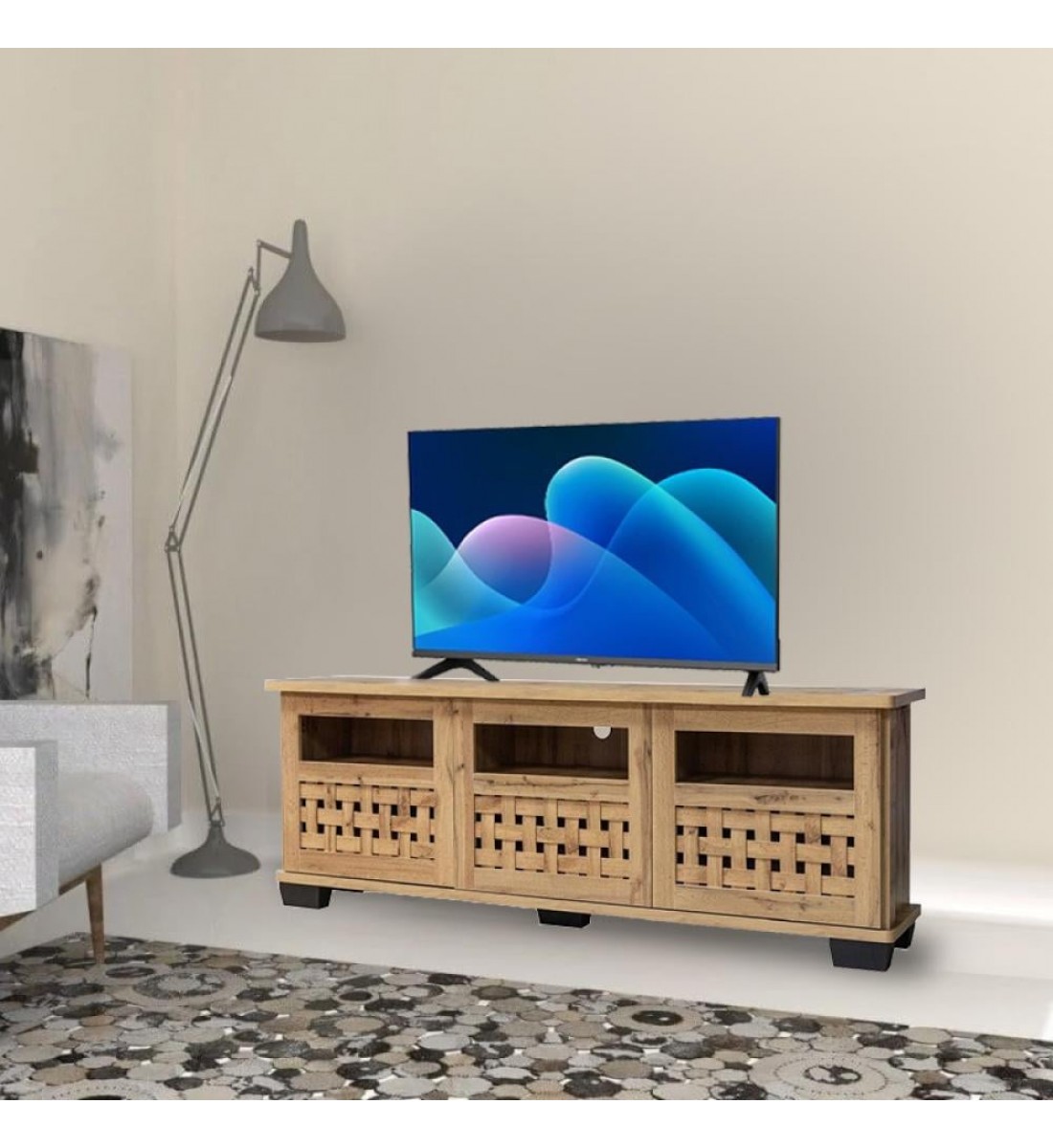 طاولة تلفزيون أريكه 3 أبواب، حامل تلفزيون من خشب الساج، مساحة تخزين كبيرة، متينة، عالية القوة، ارتفاع 60 × طول 160 × عرض 34.5 سم