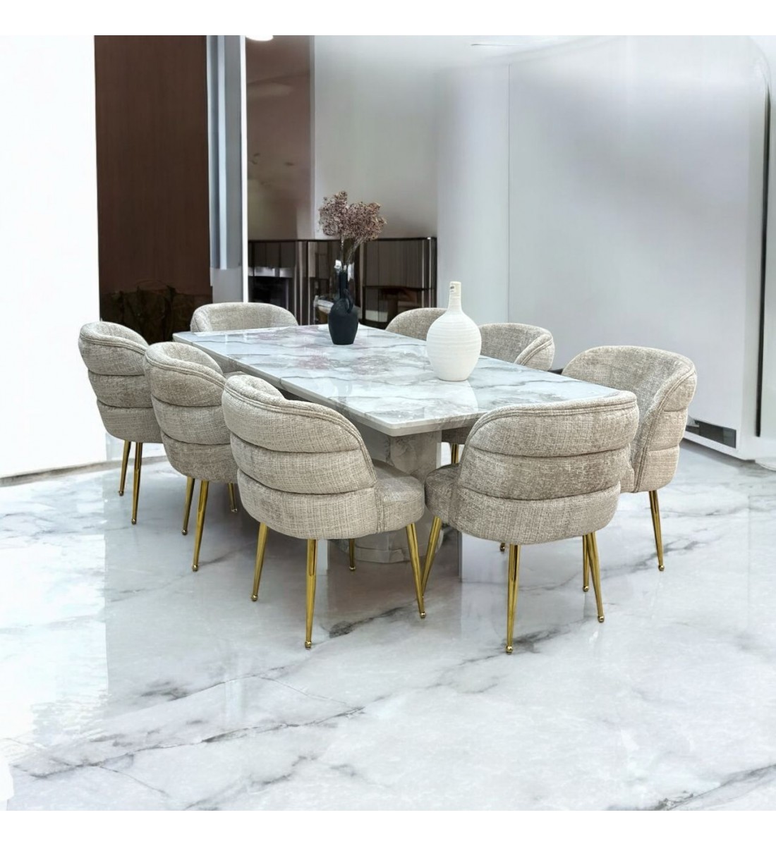 طقم طاولة طعام من الرخام 8 كراسي – 200×100×75سم – أبيض ملون