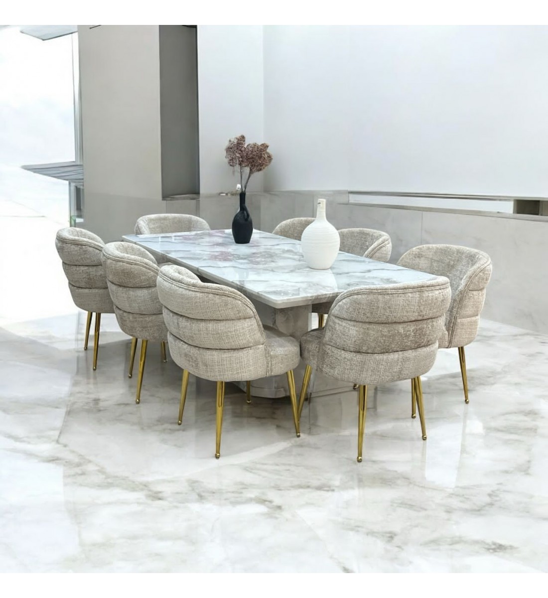 طقم طاولة طعام من الرخام 8 كراسي – 200×100×75سم – أبيض ملون