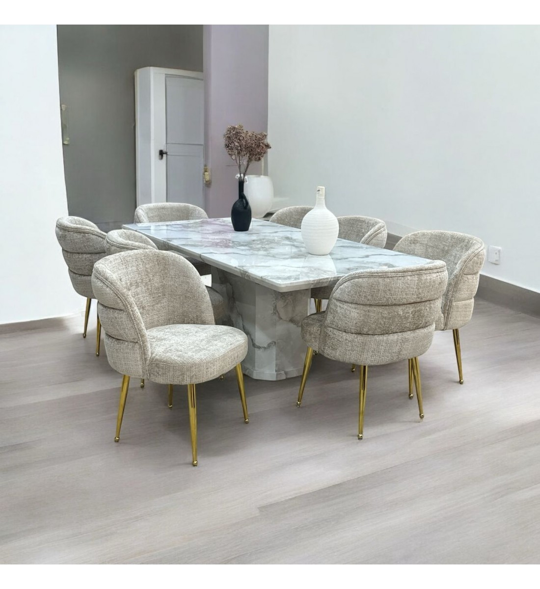 طقم طاولة طعام من الرخام 8 كراسي – 200×100×75سم – أبيض ملون