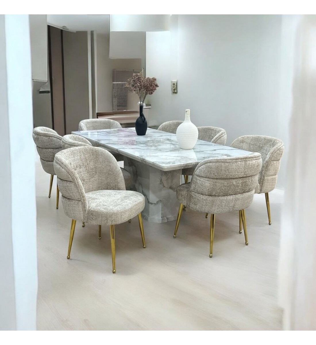 طقم طاولة طعام من الرخام 8 كراسي – 200×100×75سم – أبيض ملون