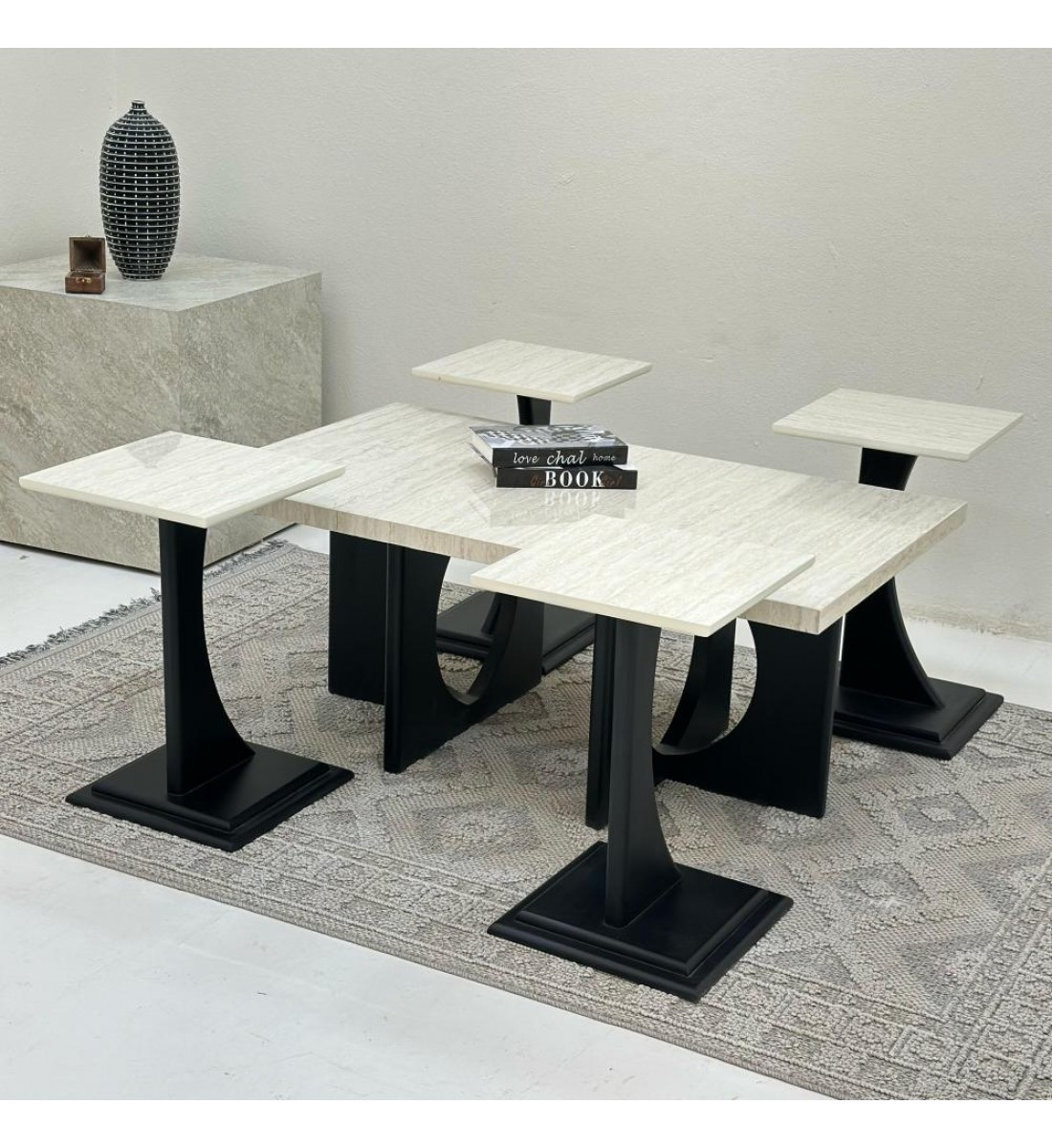طقم طاولات 5قطع سطح بديل الرخام  ناعم قاعده خشب لون اسود 
