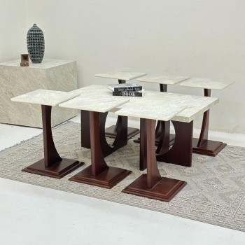 طقم طاولات 7قطع سطح بديل حجر ملمس خشن قاعده خشب لون بني