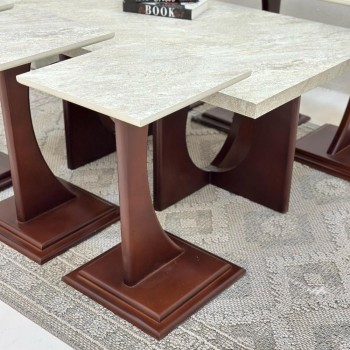 طقم طاولات 7قطع سطح بديل حجر ملمس خشن قاعده خشب لون بني