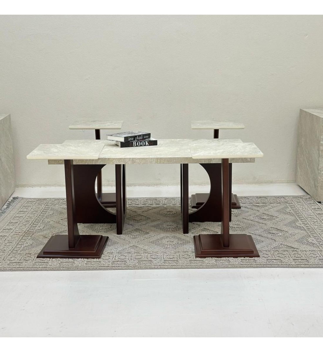 طقم طاولات 5قطع سطح بديل حجر ملمس خشن قاعده خشب لون بني طقم طاولات 5قطع سطح بديل حجر ملمس خشن قاعده خشب لون بني