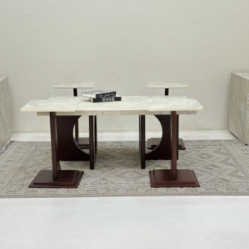 طقم طاولات 5قطع سطح بديل حجر ملمس خشن قاعده خشب لون بني