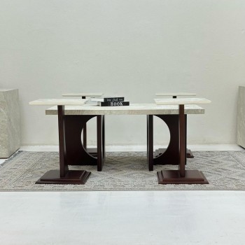 طقم طاولات 5قطع سطح بديل حجر ملمس خشن قاعده خشب لون بني