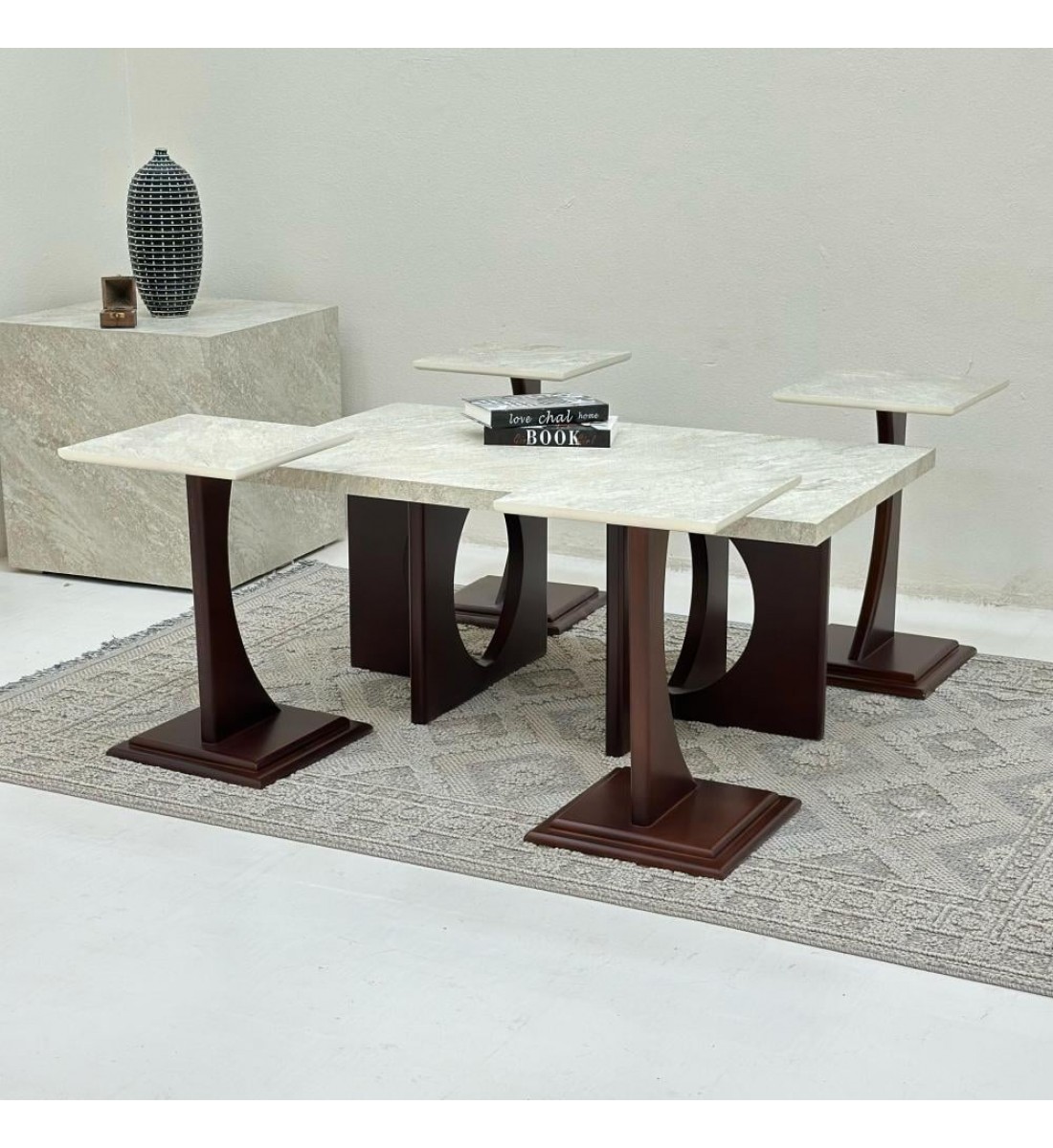 طقم طاولات 5قطع سطح بديل حجر ملمس خشن قاعده خشب لون بني طقم طاولات 5قطع سطح بديل حجر ملمس خشن قاعده خشب لون بني