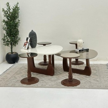 طقم طاولات 6قطع سطح الطاولة الاولى: بديل الرخام ترافنتينو ملمس ناعم ،والثانيه سطح زجاج قاعداتهما خشب لون بني