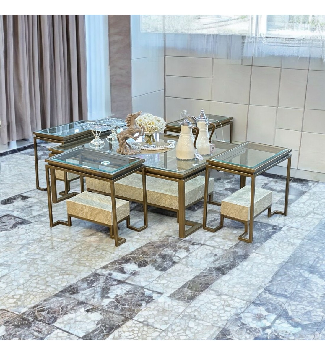 طقم طاولات تقديم 5قطع سطح قزاز 