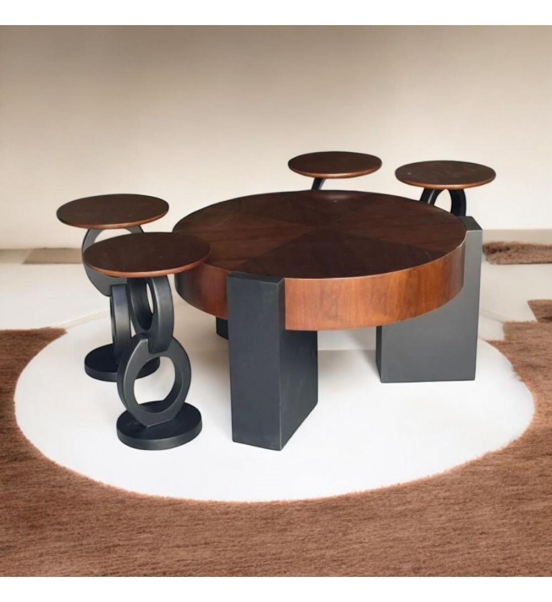 طقم طاولات 5قطع سطح قشرة الجوز قاعده خشب