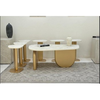 طقم طاولات 7قطع سطح  ملمس خشن بديل الحجر قاعدة خشب لون ذهبي