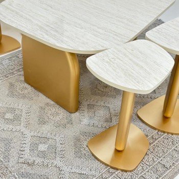 طقم طاولات 7قطع سطح بديل الرخام ترافنتينو ملمس ناعم قاعدة خشب لون ذهبي