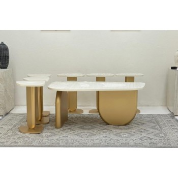 طقم طاولات 7قطع سطح بديل الرخام ترافنتينو ملمس ناعم قاعدة خشب لون ذهبي