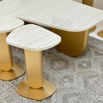 طقم طاولات5قطع سطح بديل الرخام ترافنتينو ملمس ناعم قاعدة خشب لون ذهبي