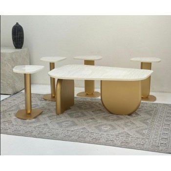 طقم طاولات5قطع سطح بديل الرخام ترافنتينو ملمس ناعم قاعدة خشب لون ذهبي