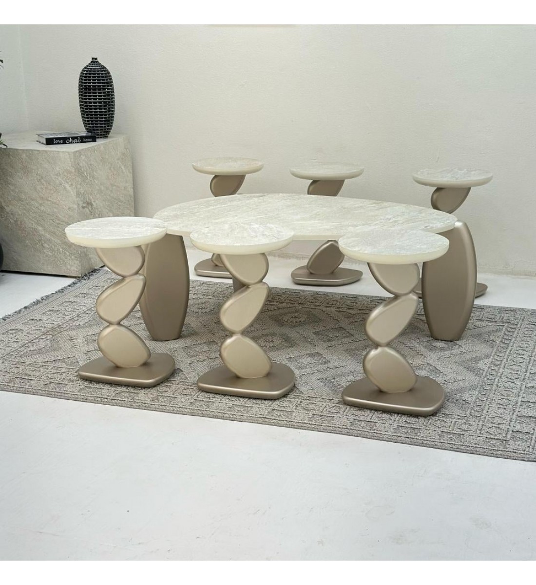 طقم طاولات 7قطع سطح بديل حجر ملمس خشن قاعدة خشب لون مكس طقم طاولات 7قطع سطح بديل حجر ملمس خشن قاعدة خشب لون مكس