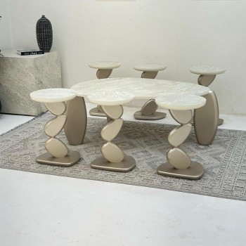 طقم طاولات 7قطع سطح بديل حجر ملمس خشن قاعدة خشب لون مكس