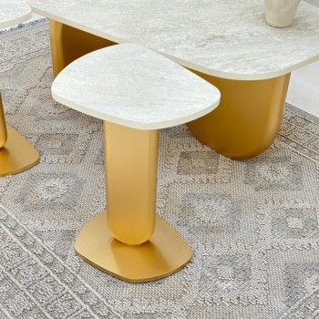 طقم طاولات5قطع سطح بديل الرخام ترافنتينو ملمس خشن  قاعدة خشب لون ذهبي