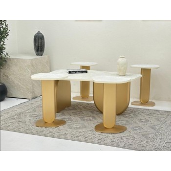 طقم طاولات5قطع سطح بديل الرخام ترافنتينو ملمس خشن  قاعدة خشب لون ذهبي