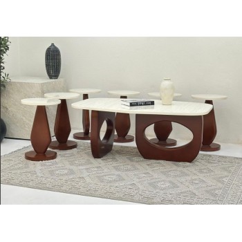 طقم طاولات 7قطع سطح بديل الرخام ترافنتينو ملمس ناعم قاعدة خشب لون بني