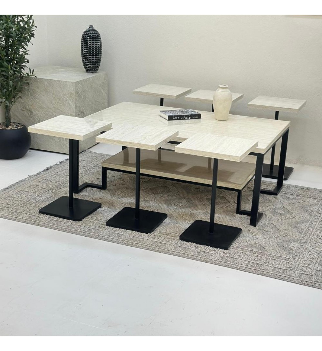 طقم طاولات تقديم دورين 7قطع سطح بديل رخام قاعده حديد لون اسود طقم طاولات تقديم دورين 7قطع سطح بديل رخام قاعده حديد لون اسود