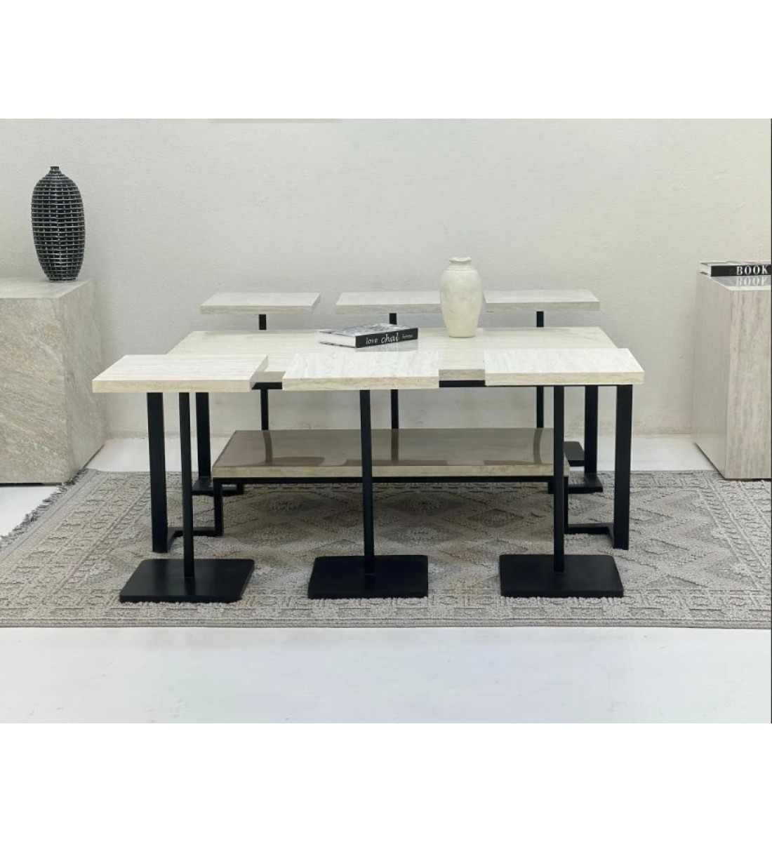 طقم طاولات تقديم دورين 7قطع سطح بديل رخام قاعده حديد لون اسود طقم طاولات تقديم دورين 7قطع سطح بديل رخام قاعده حديد لون اسود