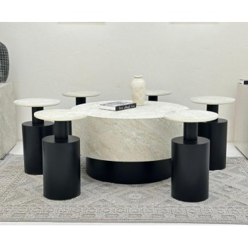 طقم طاولات اسطواني 7قطع سطح بديل الحجر قاعدة خشب لون اسود