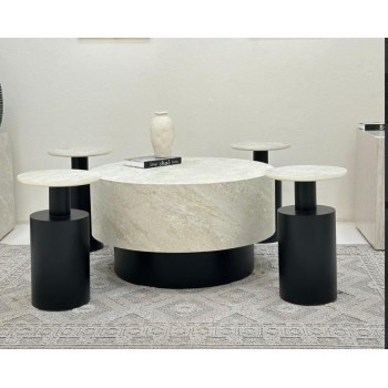 طقم طاولات اسطواني 5قطع سطح بديل الحجر قاعدة خشب لون اسود