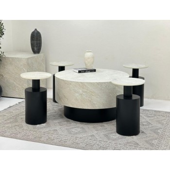 طقم طاولات اسطواني 5قطع سطح بديل الحجر قاعدة خشب لون اسود