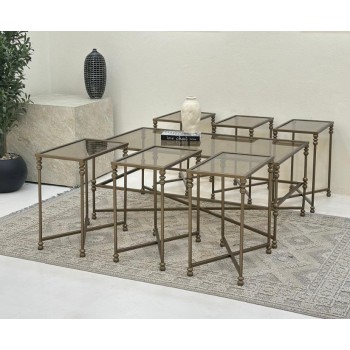 طقم طاولات 7قطع سطح زجاج شفاف قاعده حديد لون زيتي معدني