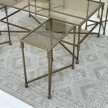 طقم طاولات 5قطع سطح زجاج شفاف قاعده حديد لون زيتي معدني