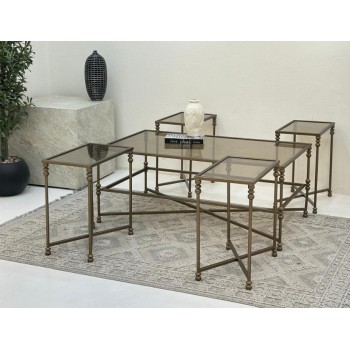 طقم طاولات 5قطع سطح زجاج شفاف قاعده حديد لون زيتي معدني