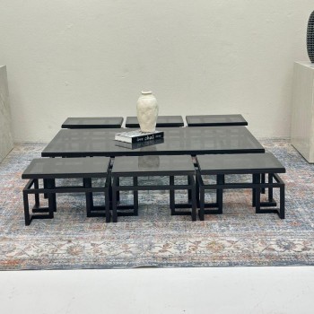 طقم طاولات 7قطع سطح زجاج قاعده حديد لون اسود