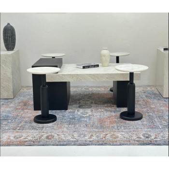 طقم طاولات 5قطع سطح بديل حجر قاعده خشب قشرة سنديان اسود