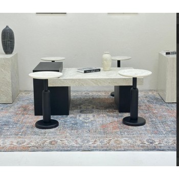 طقم طاولات 5قطع سطح بديل حجر قاعده خشب قشرة سنديان اسود