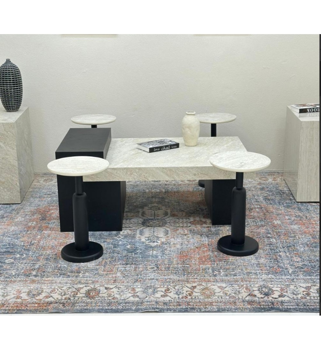 طقم طاولات 5قطع سطح بديل حجر قاعده خشب قشرة سنديان اسود