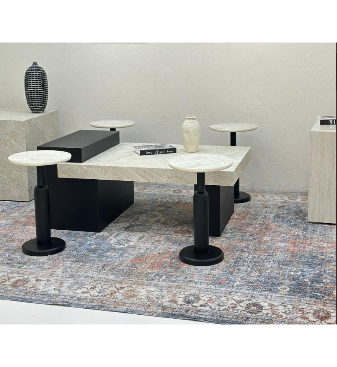 طقم طاولات 5قطع سطح بديل حجر قاعده خشب قشرة سنديان اسود