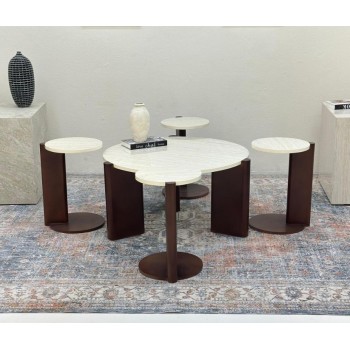 طقم طاولات 5قطع سطح بديل الرخام قاعده خشب لون بني