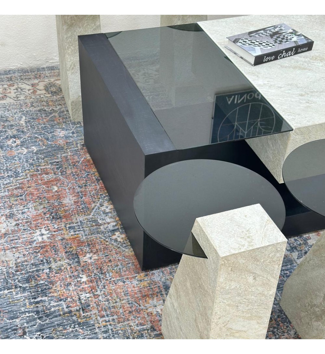 طقم طاولات 7قطع سطح بديل حجر قاعده خشب قشرة السنديان اسود