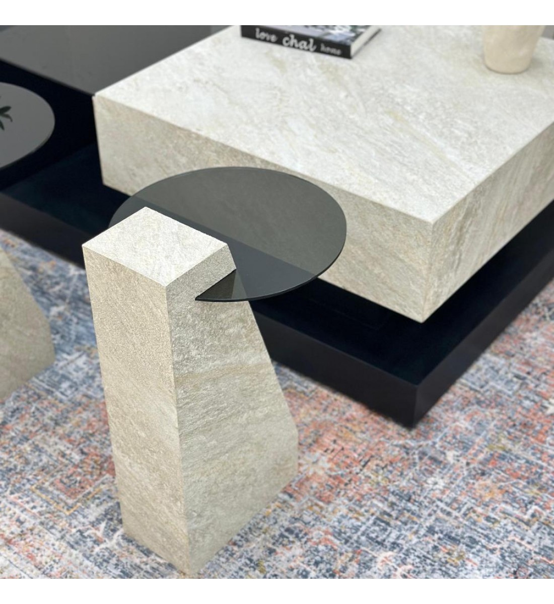 طقم طاولات 7قطع سطح بديل حجر قاعده خشب قشرة السنديان اسود