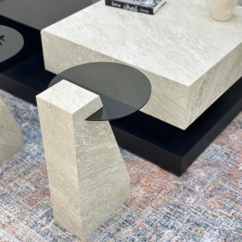 طقم طاولات 7قطع سطح بديل حجر قاعده خشب قشرة السنديان اسود