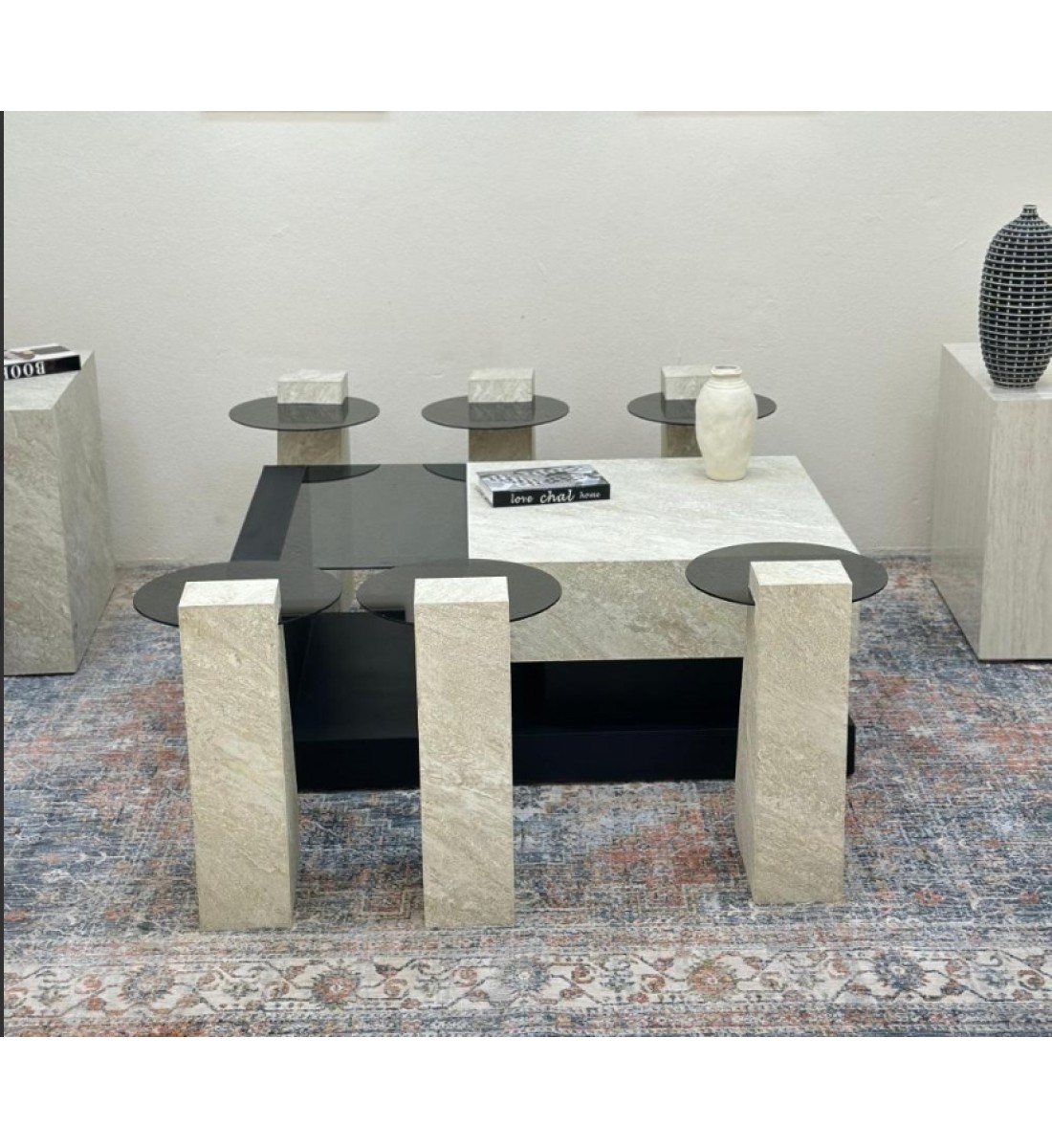 طقم طاولات 7قطع سطح بديل حجر قاعده خشب قشرة السنديان اسود