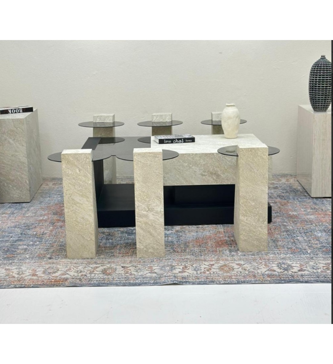 طقم طاولات 7قطع سطح بديل حجر قاعده خشب قشرة السنديان اسود