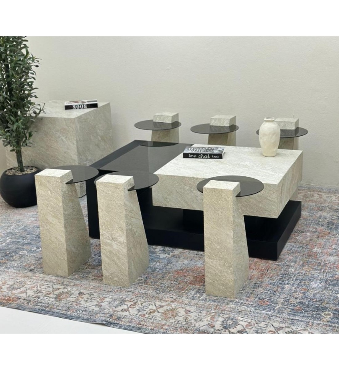 طقم طاولات 7قطع سطح بديل حجر قاعده خشب قشرة السنديان اسود