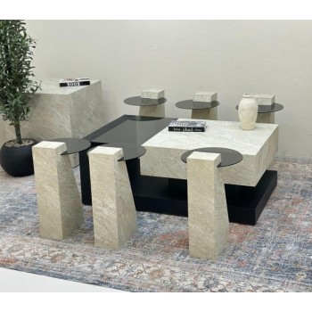 طقم طاولات 7قطع سطح بديل حجر قاعده خشب قشرة السنديان اسود