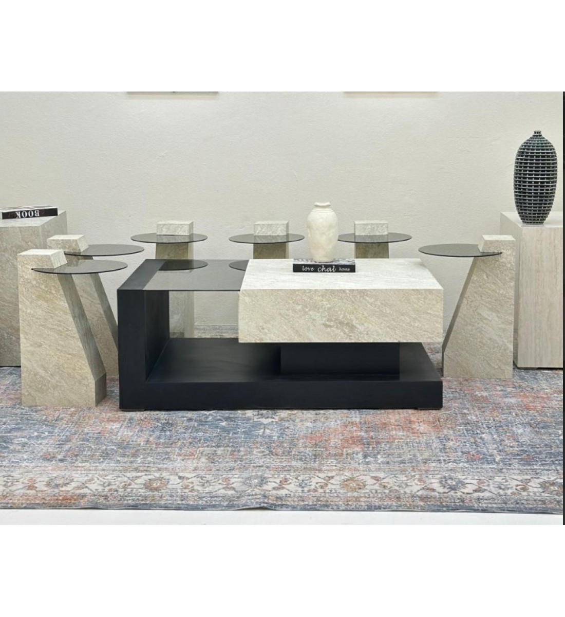 طقم طاولات 7قطع سطح بديل حجر قاعده خشب قشرة السنديان اسود