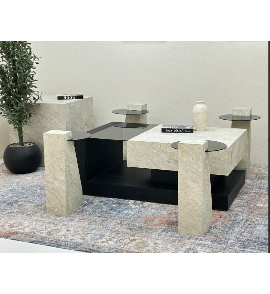 طقم طاولات 5قطع سطح بديل حجر قاعده خشب قشرة السنديان اسود طقم طاولات 5قطع سطح بديل حجر قاعده خشب قشرة السنديان اسود